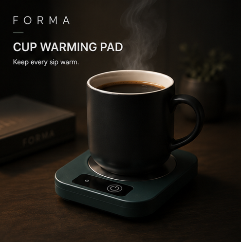 Forma Cup Warming Pad with steaming mug of coffee