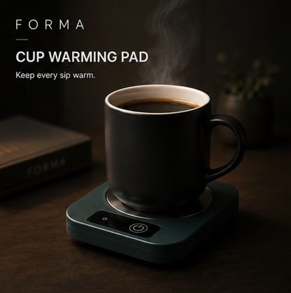 Forma Cup Warming Pad with steaming mug of coffee