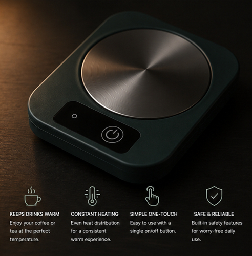 Forma Cup Warming Pad features — keeps drinks warm, constant heating, one-touch control, safe and reliable